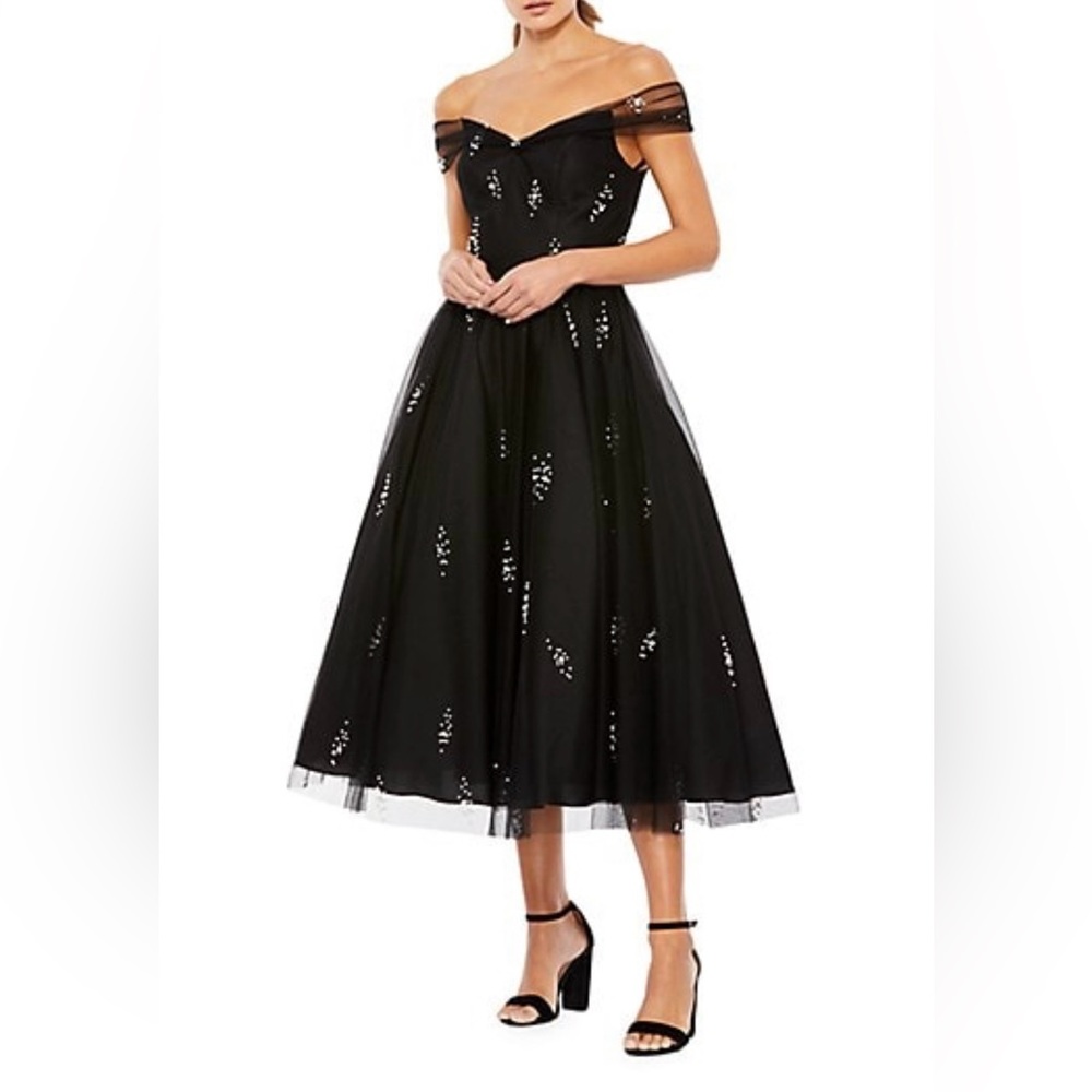 Mac Duggal Embellished Off-The-Shoulder Midi-Dress